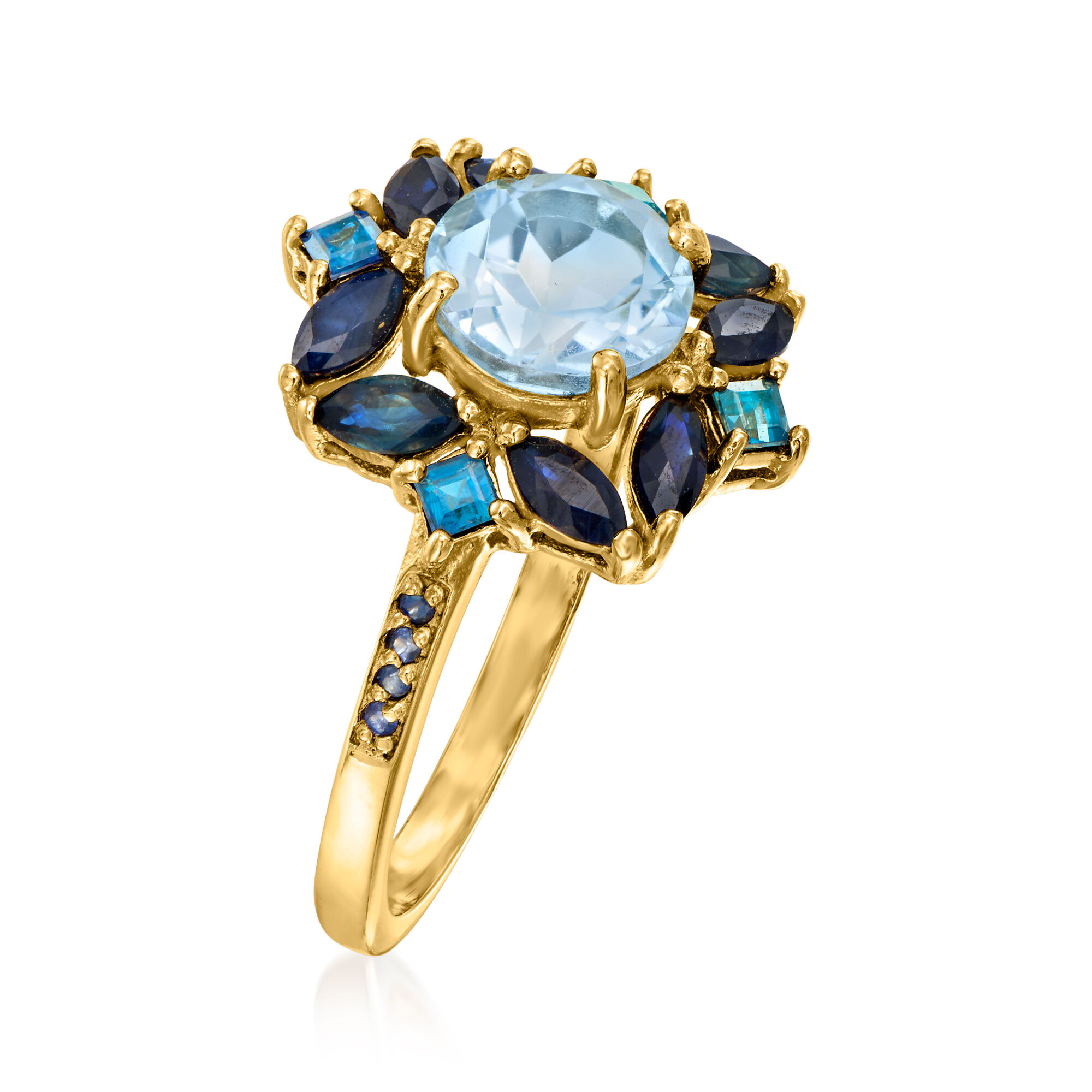 1.80 Carat Sky Blue Topaz 2.40 ct. t.w. Sapphire and .80 ct. t.w. London Blue Topaz Ring in 18kt Gold Over Sterling