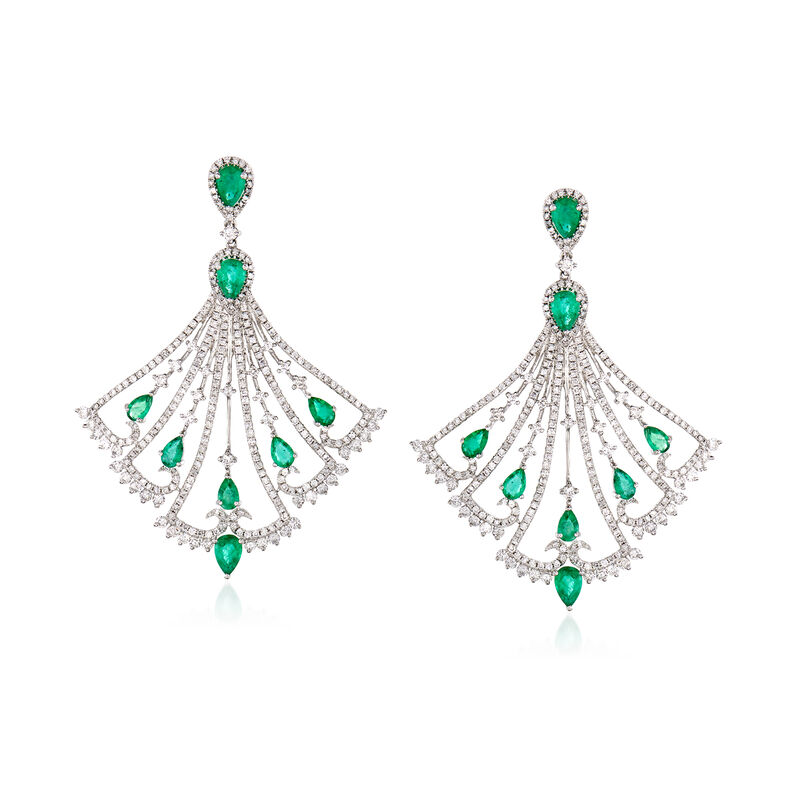 4.05 ct. t.w. Diamond and 3.90 ct. t.w. Emerald Chandelier Drop Earrings in 18kt White Gold image number 0