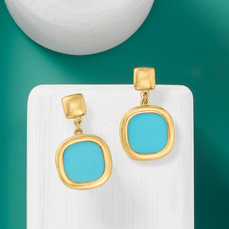 Italian Small Turquoise Drop Earrings in 14kt Yellow Gold. 1/2&quot; image number 2