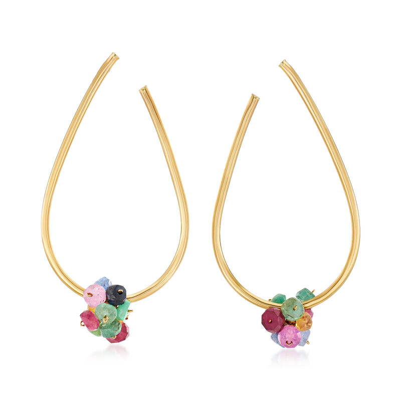 4.50 ct. t.w. Multi-Gemstone Front-Facing Hoop Earrings in 14kt Yellow Gold. 1 3/4&quot; image number 0