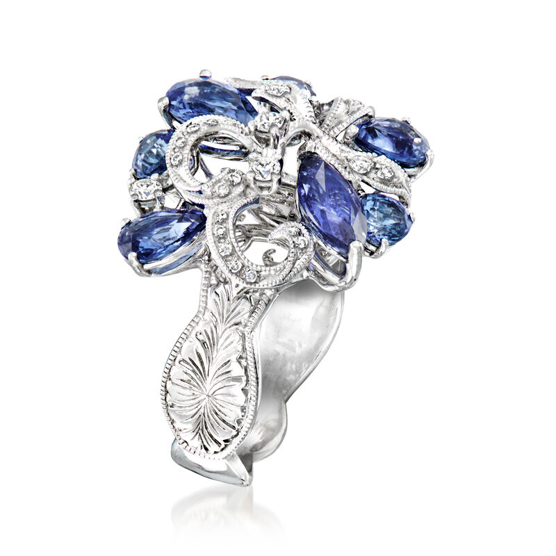 C. 1980 Vintage 3.30 ct. t.w. Sapphire and .20 ct. t.w. Diamond Cocktail Ring in 18kt White Gold. Size 6.75 image number 2