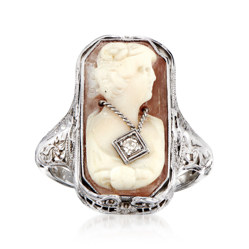 C. 1950 Vintage Brown Shell Cameo and Onyx Flip Ring with Diamond Accents in 14kt White Gold image number 0