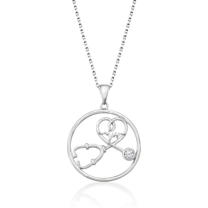 .10 Carat CZ Stethoscope Pendant Necklace in Sterling Silver. 18&quot; image number 1