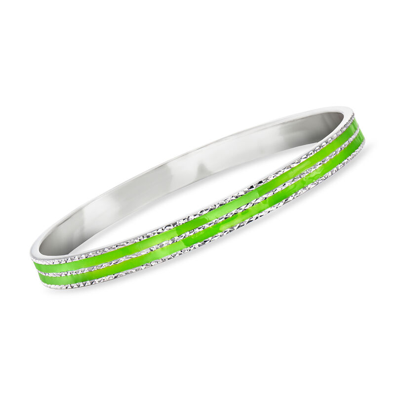 Green Enamel Striped Bangle Bracelet in Sterling Silver. 7" image number 0