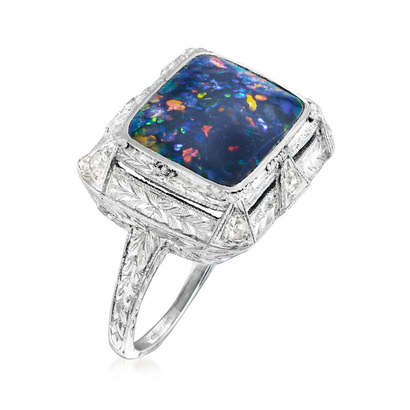 C. 1950 Vintage Black Opal and .15 ct. t.w. Diamond Ring in Platinum. Size 5.75 image number 2
