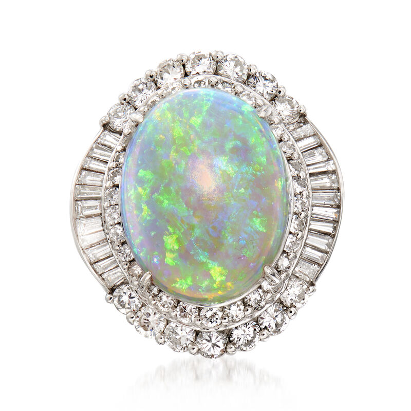 C. 1980 Vintage Opal and 1.65 ct. t.w. Diamond Ring in Platinum image number 0