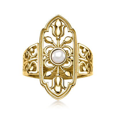 14kt Yellow Gold-Plated Floral Openwork Ring with 4mm Cultured Pearl