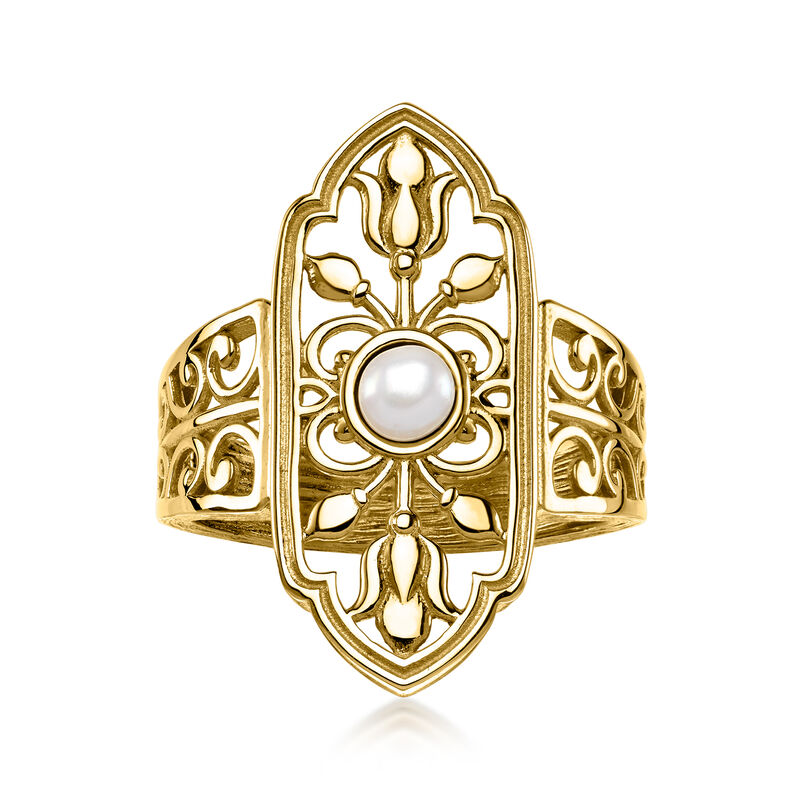 14kt Yellow Gold-Plated Floral Openwork Ring with 4mm Cultured Pearl image number 0