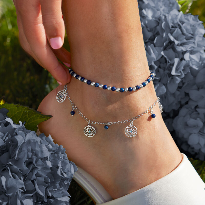 Lapis Bead Jewelry Set: Two Charm Anklets in Sterling Silver image number 4