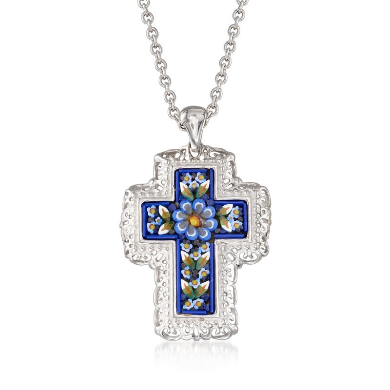 Italian Murano Glass Mosaic Floral Cross Pendant Necklace in Sterling Silver image number 0