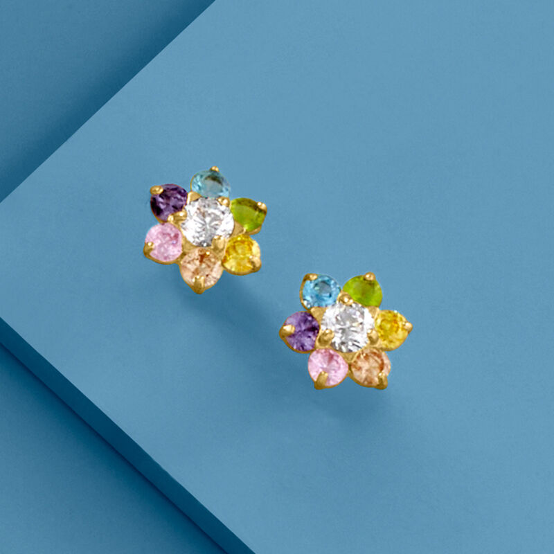 Child's .60 ct. t.w. Multicolored CZ Flower Earrings in 14kt Yellow Gold  image number 2