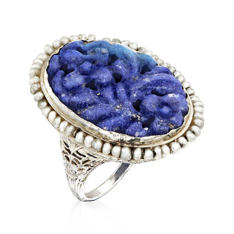 C. 1970 Vintage Carved Lapis and Seed Pearl Ring in 18kt White Gold. Size 6 image number 2