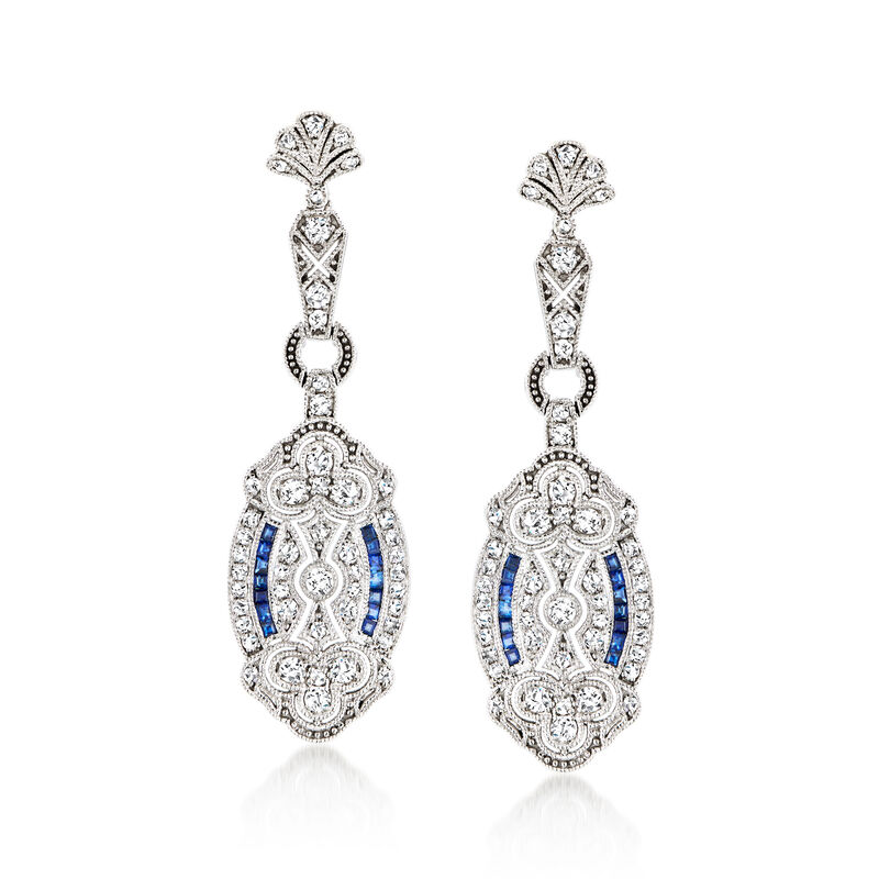 C. 2000 Vintage .91 ct. t.w. Diamond and .32 ct. t.w. Sapphire Filigree Drop Earrings in 14kt White Gold image number 0