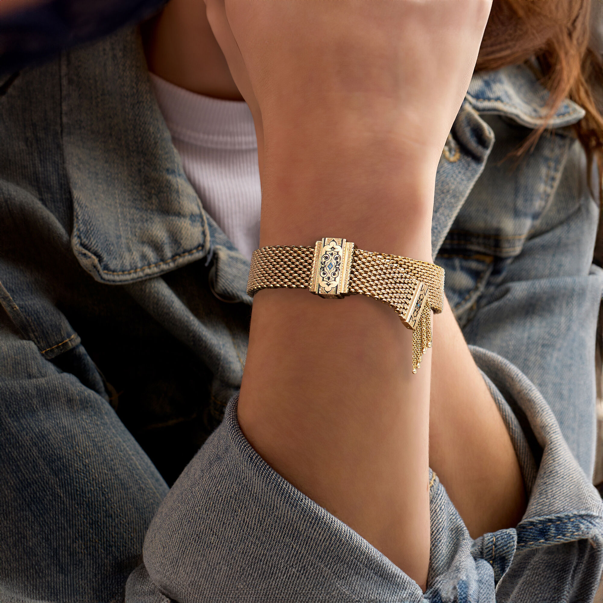 C. 1960 Vintage 14kt Yellow Gold Mesh Tassel Bracelet with Enamel