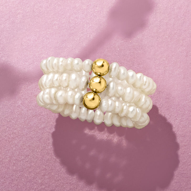 3-4mm Cultured Pearl Jewelry Set: Three Stretch Rings with 14kt Yellow Gold image number 4