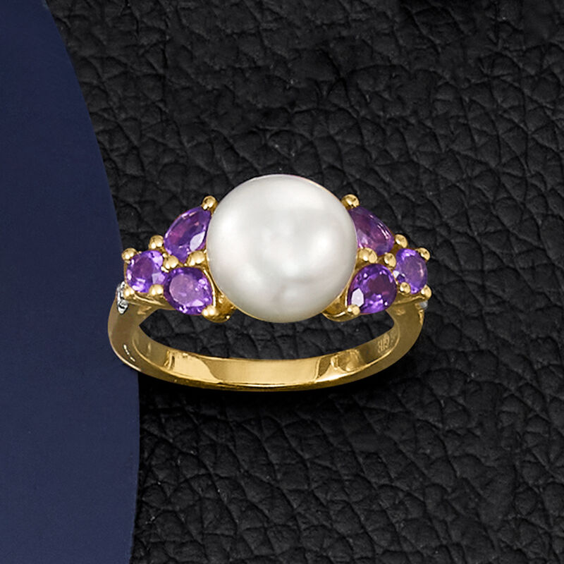 9.5-10mm Cultured Pearl and .80 ct. t.w. Amethyst Ring with Diamond Accents in 18kt Gold Over Sterling image number 3