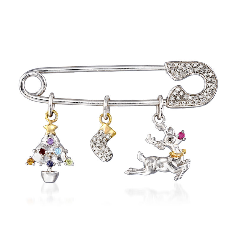 .15 ct. t.w. Diamond and Multi-Gem Christmas Safety Pin in Sterling Silver with 14kt Yellow Gold image number 0