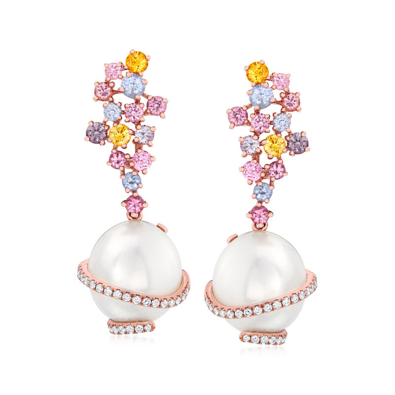 13.5x12.5mm Cultured South Sea Pearl, 2.10 ct. t.w. Multicolored Sapphire and .33 ct. t.w. Diamond Drop Earrings in 18kt Rose Gold image number 0