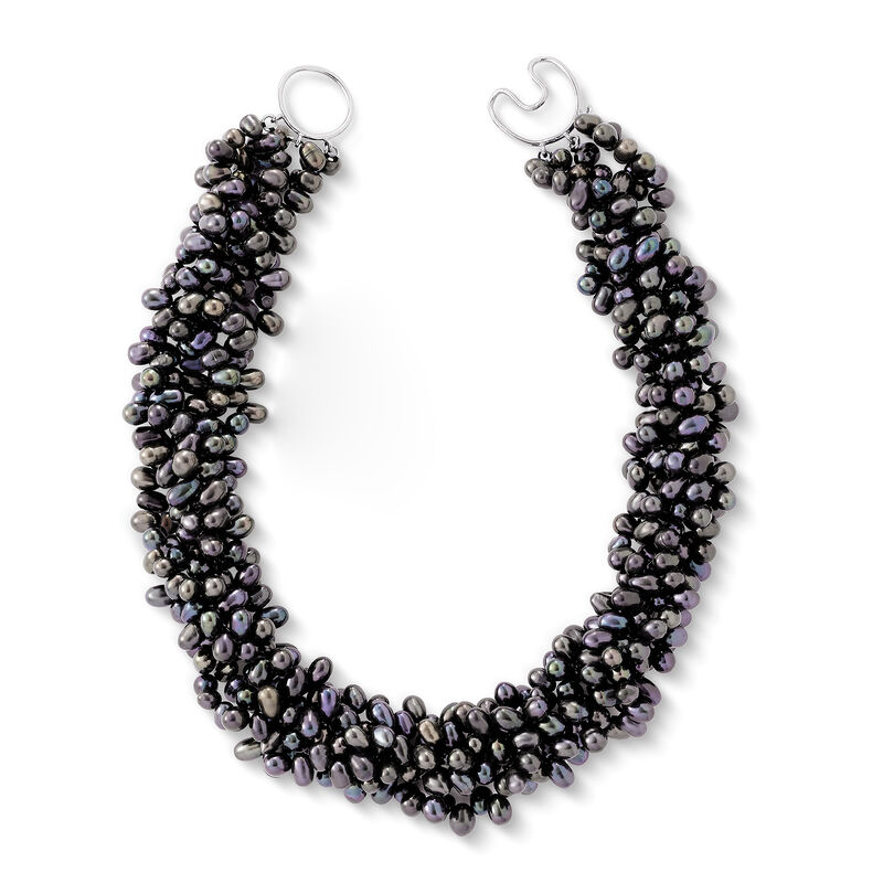 5-6mm Black Cultured Pearl Torsade Necklace with Sterling Silver image number 5