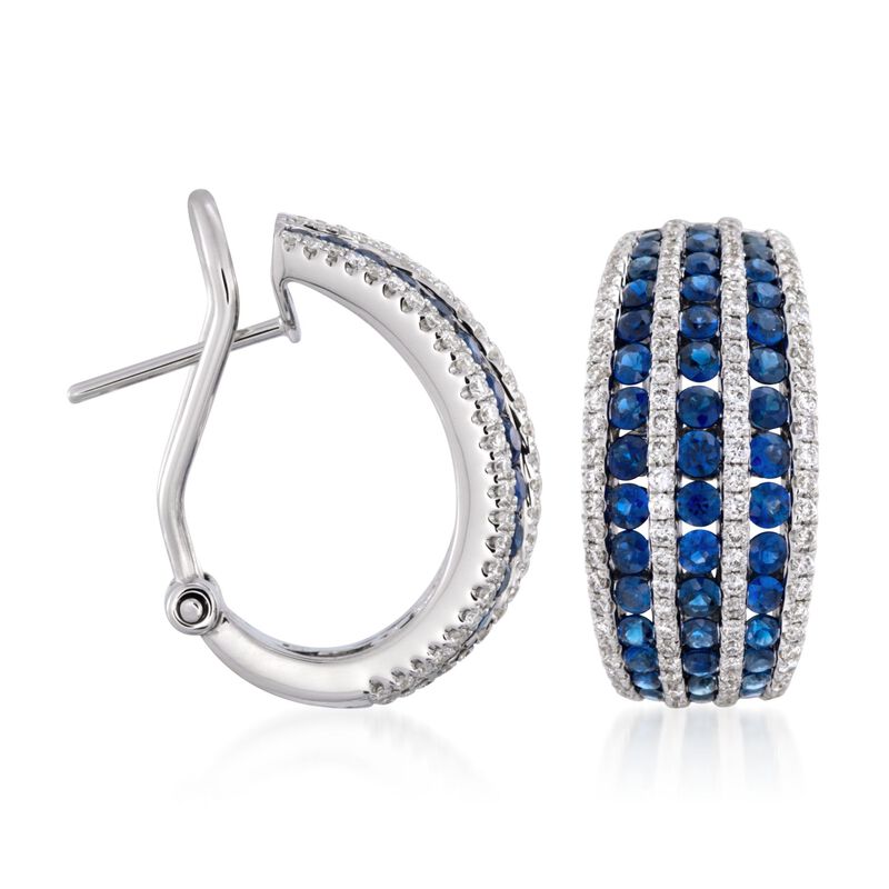 2.75 ct. t.w. Sapphire and .95 ct. t.w. Diamond Hoop Earrings in 18kt White Gold. 5/8&quot; image number 2