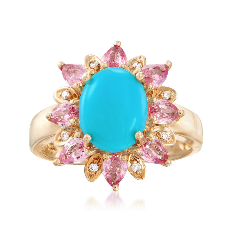 Turquoise and 1.20 ct. t.w. Pink Sapphire Ring with Diamond Accents in 14kt Yellow Gold. Size 7 image number 0