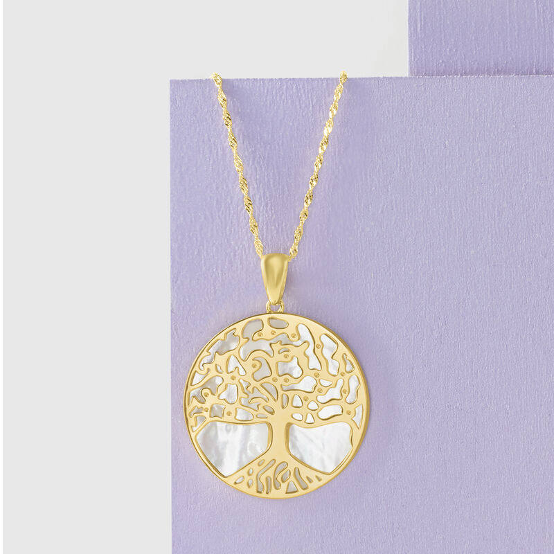 Mother-of-Pearl Tree of Life Pendant Necklace in 18kt Gold Over Sterling. 18&quot; image number 2