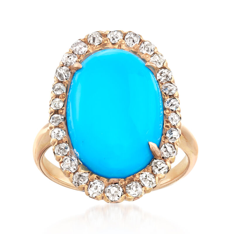C. 1930 Vintage Simulated Turquoise and .55 ct. t.w. Diamond Ring in 14kt Rose Gold. Size 5.25 image number 0