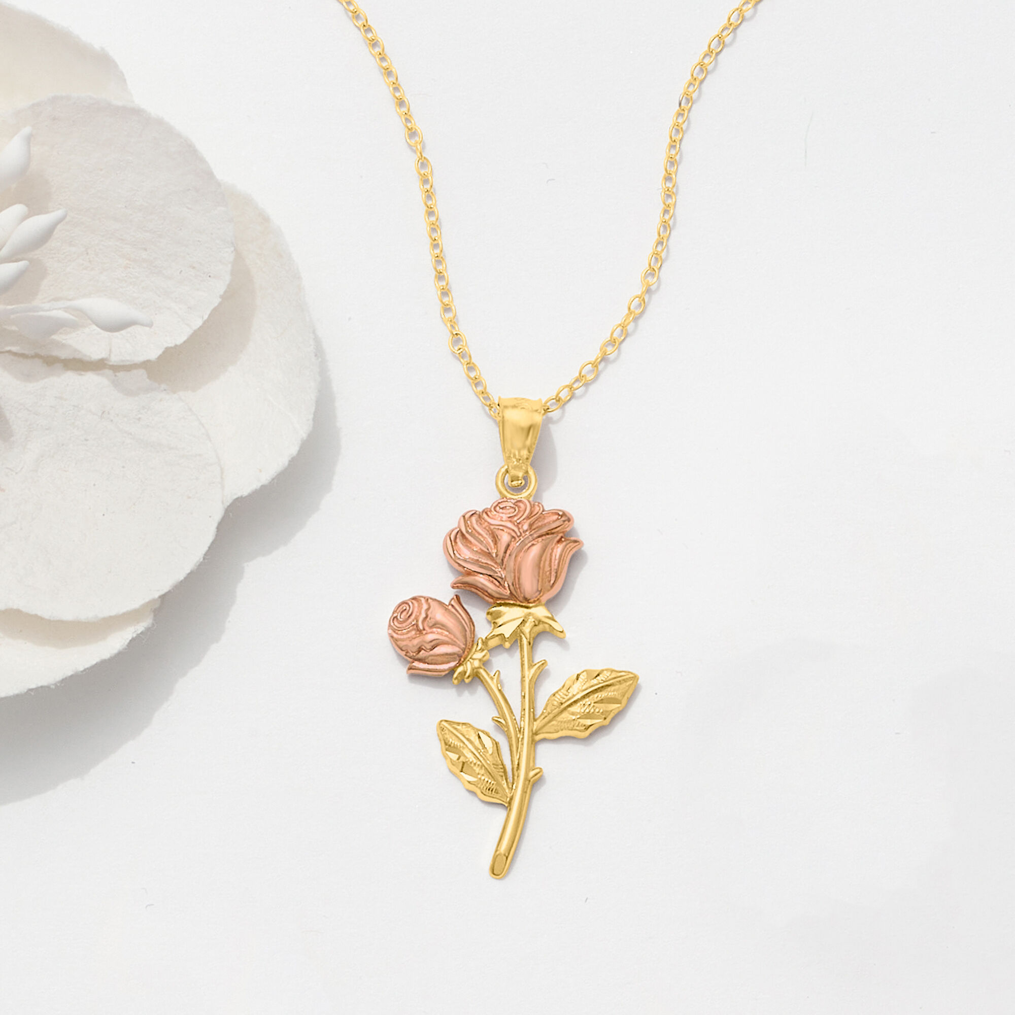 14kt Two Tone Gold Rose Pendant Necklace