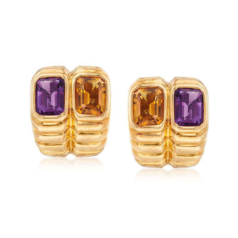 C. 1990 Vintage 1.60 ct. t.w. Amethyst and 1.60 ct. t.w. Citrine Ribbed Earrings in 18kt Yellow Gold  image number 0