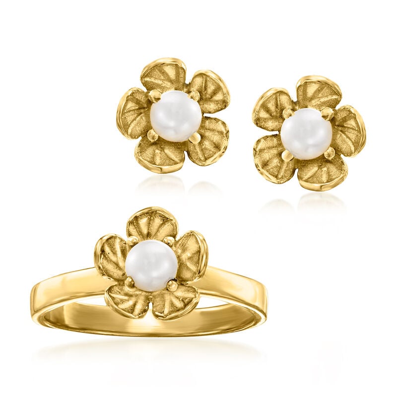 4-4.5mm Cultured Pearl Floral Jewelry Set: Earrings and Ring in 18kt Gold Over Sterling image number 0