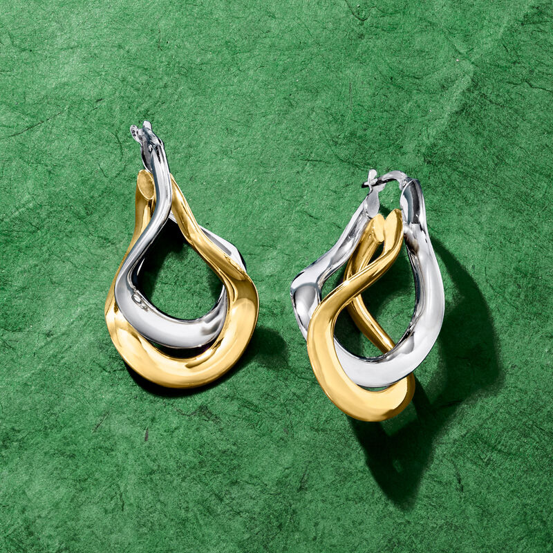 Italian Two-Tone Sterling Silver Curved Double-Hoop Earrings. 1 1/4&quot; image number 2