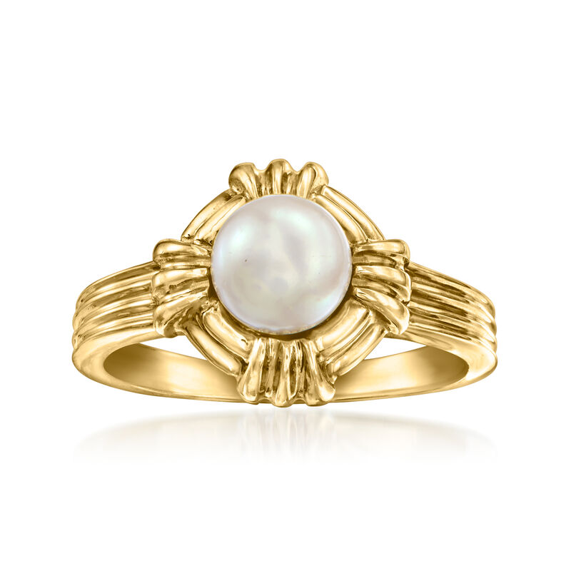 C. 1990 Vintage Tiffany Jewelry 6mm Cultured Pearl Ring in 18kt Yellow Gold. Size 6 image number 0