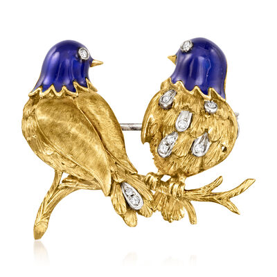 C. 1960 Vintage .17 ct. t.w. Diamond Birds Pin with Blue Enamel in 18kt Yellow Gold