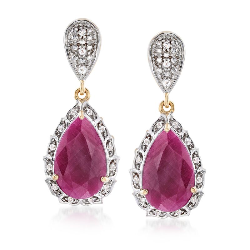 12.00 ct. t.w. Ruby and .29 ct. t.w. White Topaz Drop Earrings in 18kt Gold Over Sterling  image number 0