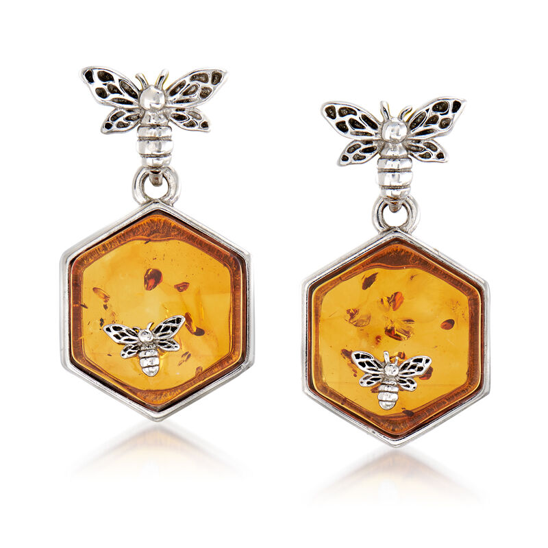 Amber Honeycomb and Bumblebee Drop Earrings in Sterling Silver image number 0