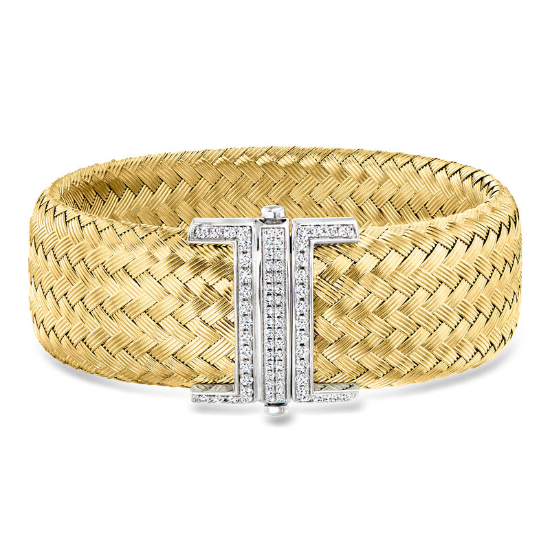 Charles Garnier "Aurora" 1.10 ct. t.w. CZ Wide Cuff Bracelet in 18kt Gold Over Sterling with Sterling Silver. 7" image number 0