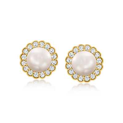 6-6.5mm Cultured Pearl and .28 ct. t.w. Diamond Scalloped-Edge Earrings in 14kt Yellow Gold