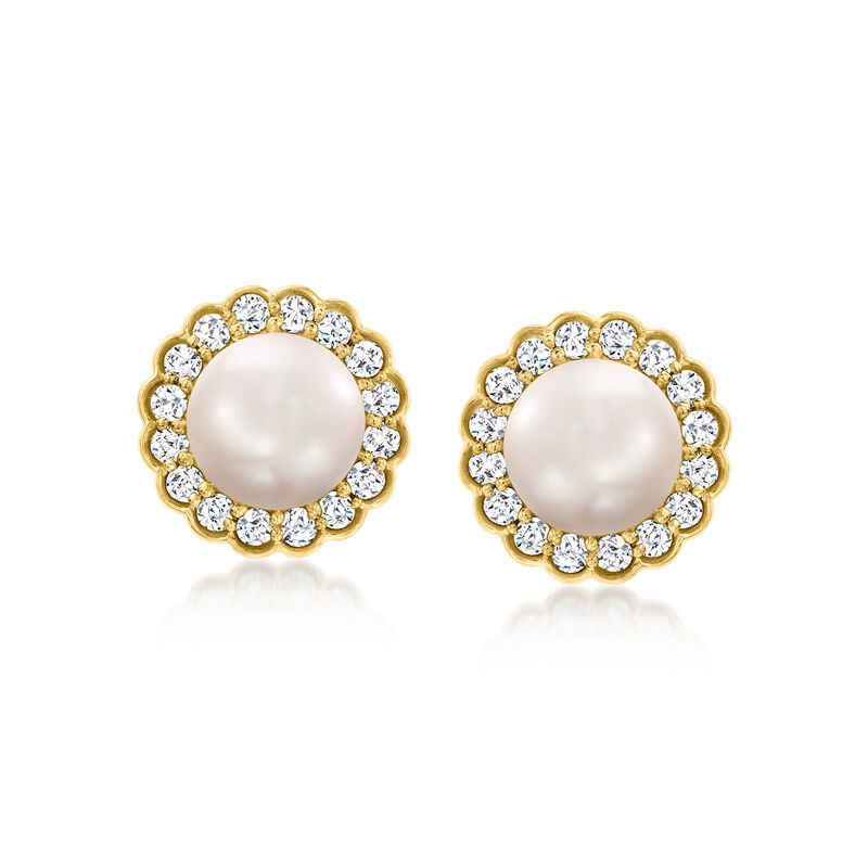 6-6.5mm Cultured Pearl and .28 ct. t.w. Diamond Scalloped-Edge Earrings in 14kt Yellow Gold image number 0