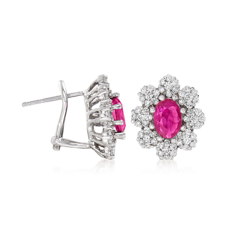 2.00 ct. t.w. Ruby and 1.00 ct. t.w. Diamond Flower Earrings in 14kt White Gold image number 2