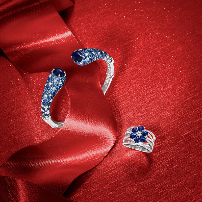 12.25 ct. t.w. Sapphire and 2.20 ct. t.w. Diamond Cuff Bangle Bracelet in 18kt White Gold image number 2