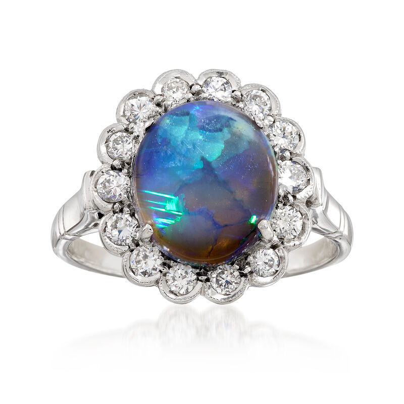 C. 1980 Vintage Black Opal and Diamond Ring in 18kt White Gold. Size 7.75 image number 0
