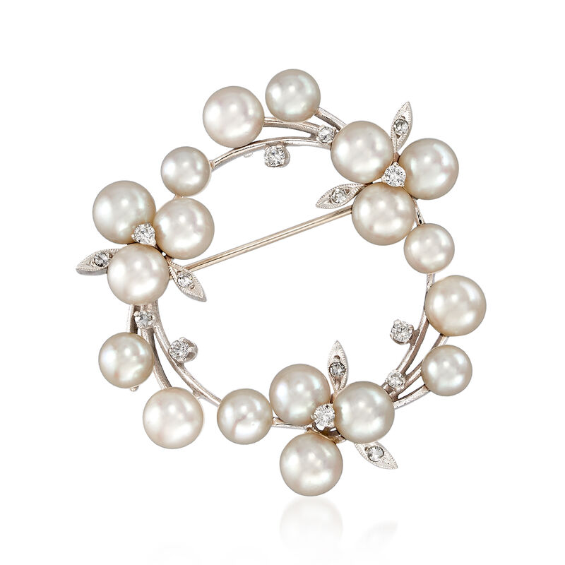 C. 1970 Vintage 5x6mm Cultured Pearl and .30 ct. t.w. Diamond Circle Pin in 14kt White Gold image number 0