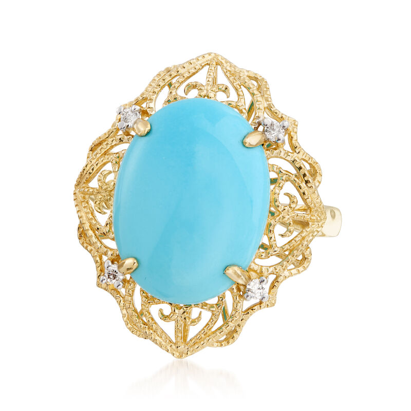 Sleeping Beauty Turquoise Filigree Ring with Diamond Accents in 14kt Yellow Gold. Size 8.5 image number 3
