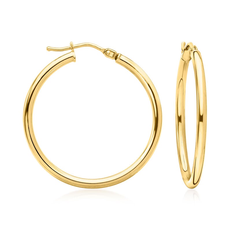 Italian 2mm 18kt Yellow Gold Hoop Earrings. 1 1/8&quot; image number 0