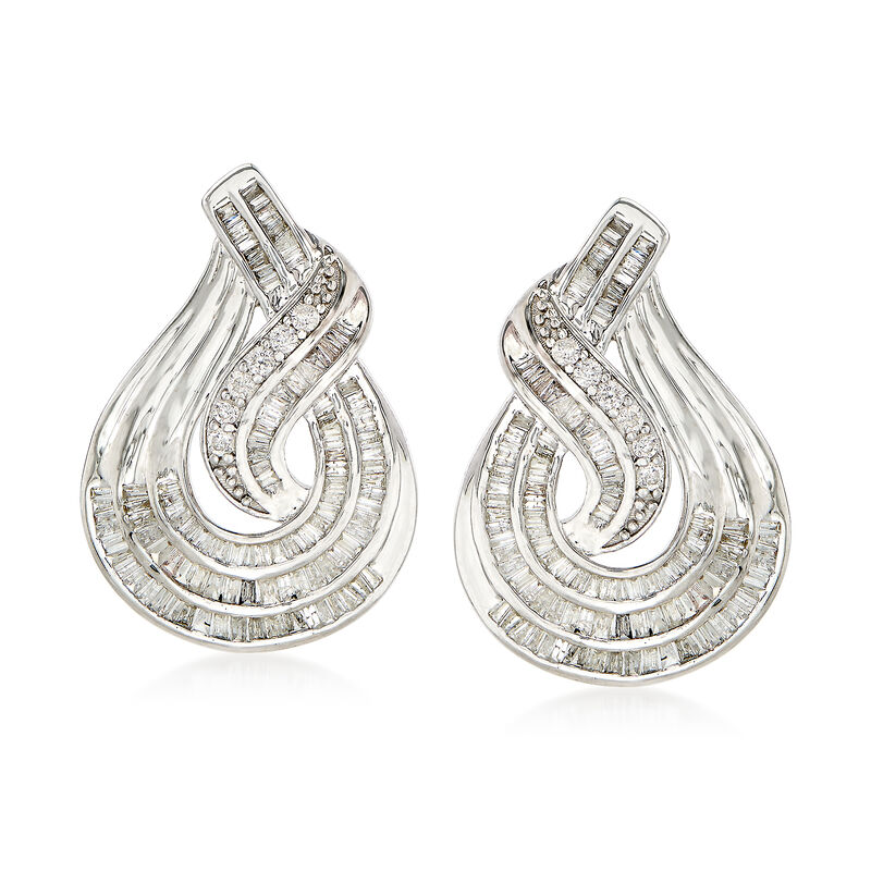 1.50 ct. t.w. Baguette and Round Diamond Twist Teardrop-Shaped Drop Earrings in Sterling Silver image number 0