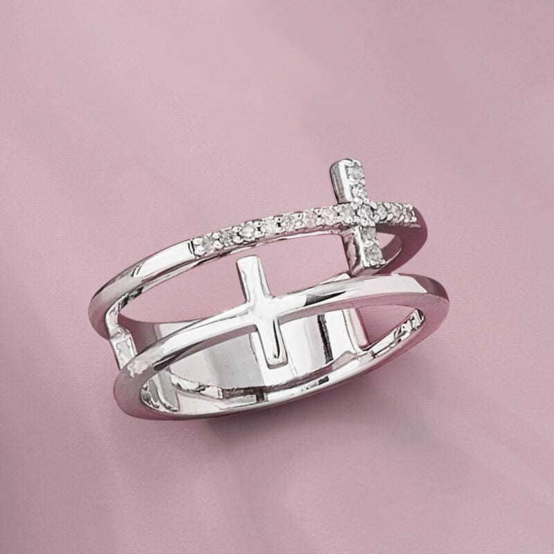 .10 ct. t.w. Diamond Two-Row Cross Ring in Sterling Silver. Size 8 image number 3