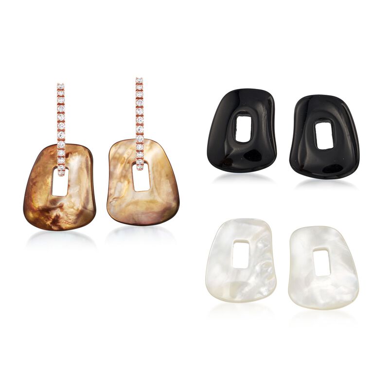 Mattioli &quot;Puzzle&quot; .34 ct. t.w. Cognac Diamond Earrings in 18kt Rose Gold with Three Interchangeable Drops: Black Onyx and Multicolored Mother-Of-Pearl image number 0
