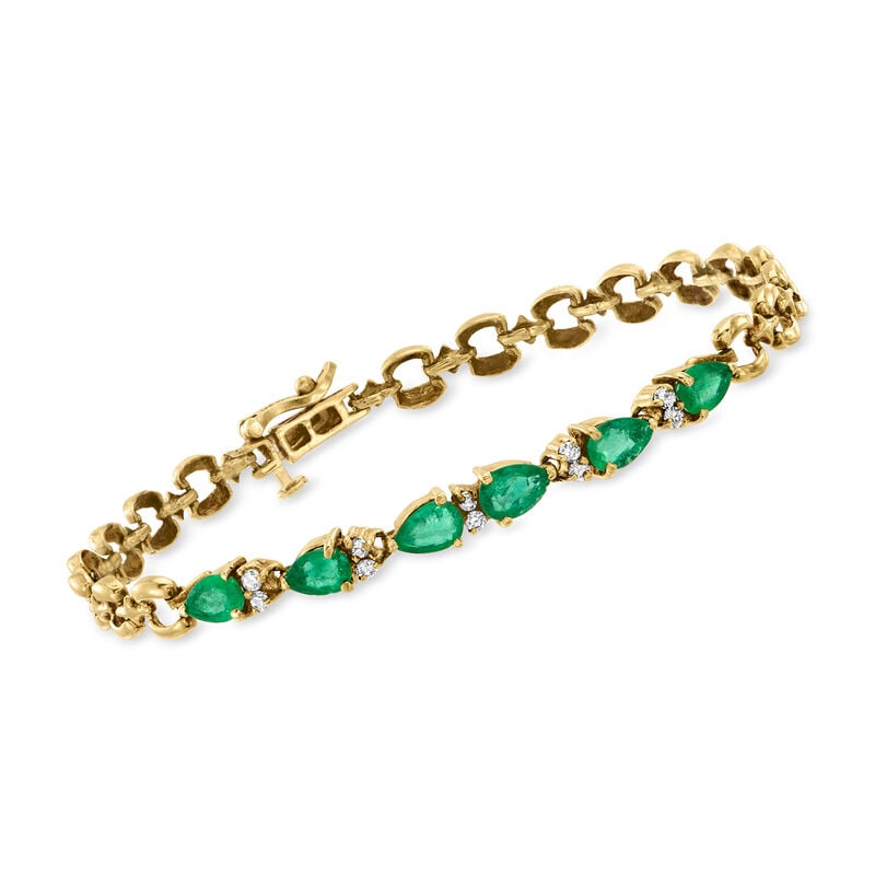 C. 1980 Vintage 2.10 ct. t.w. Emerald and .25 ct. t.w. Diamond Bracelet in 14kt Yellow Gold. 7.25" image number 0