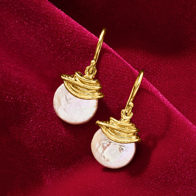 12-13mm Cultured Coin Pearl Drop Earrings in 18kt Gold Over Sterling  image number 4