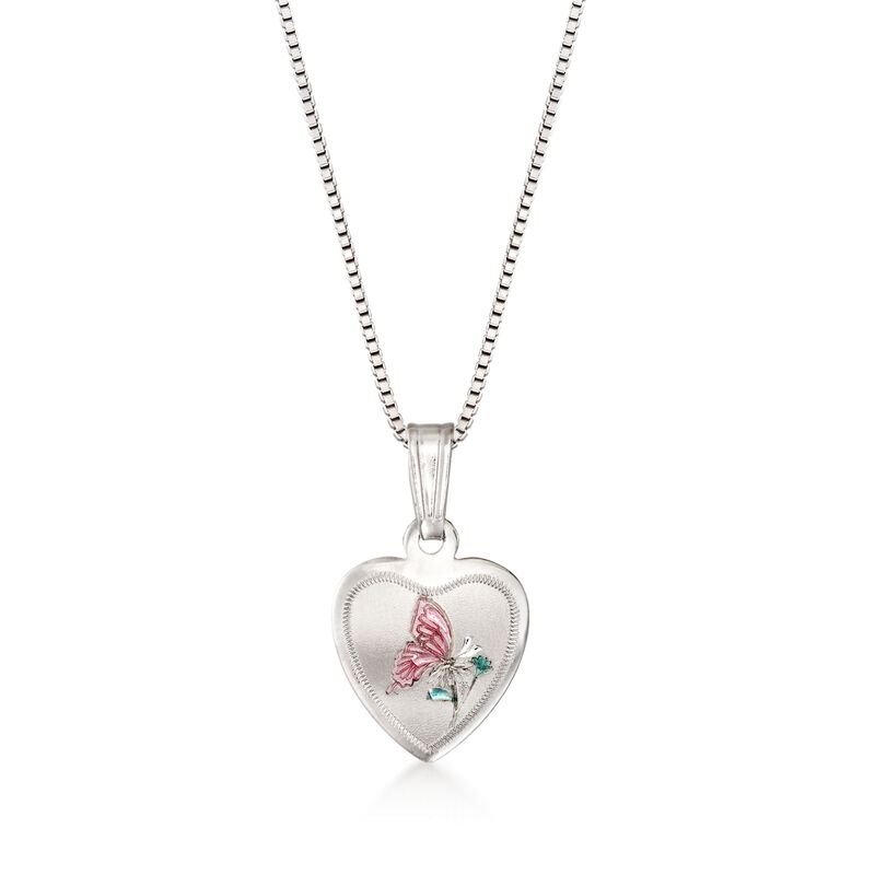 Sterling Silver Mom & Me Jewelry Set: Two Butterfly Heart Locket Necklaces with Enamel. 14&quot;-18&quot; image number 3